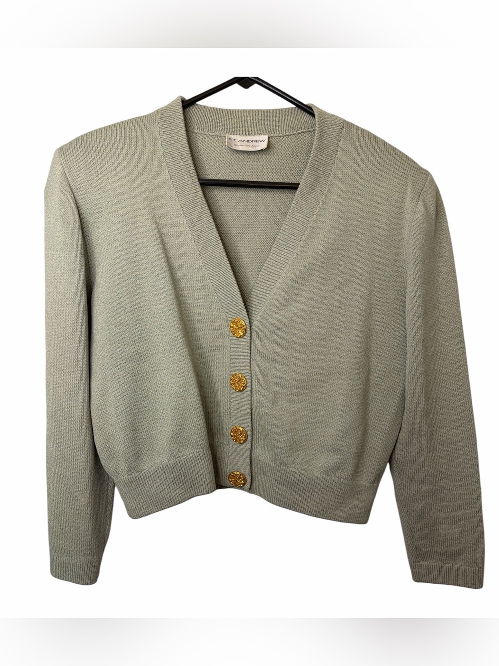 Vintage St. Andrew Sage Green V-Neck Cardigan Sweater with Gold Buttons